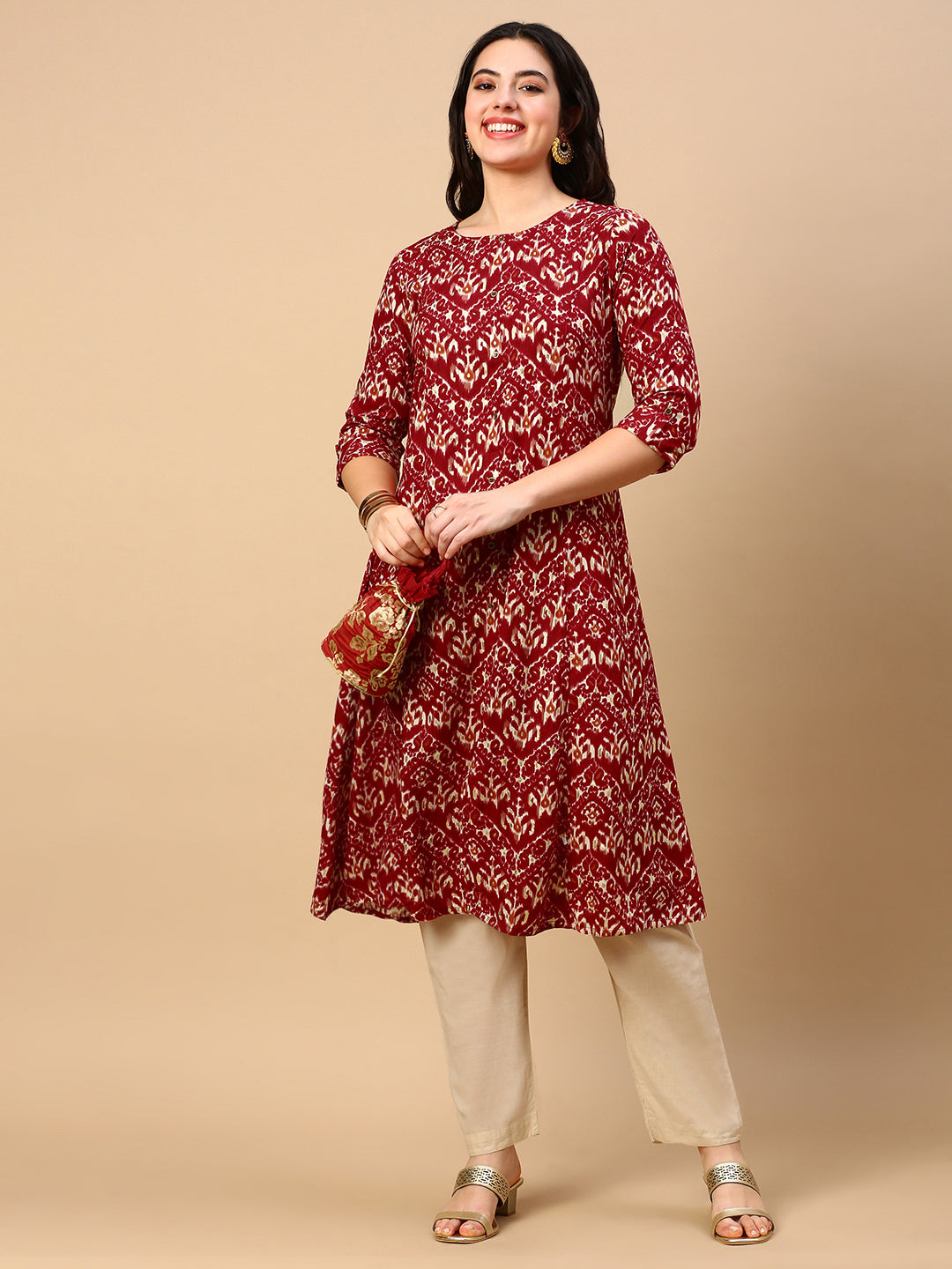 Women's Red Graphic A Line Kurta