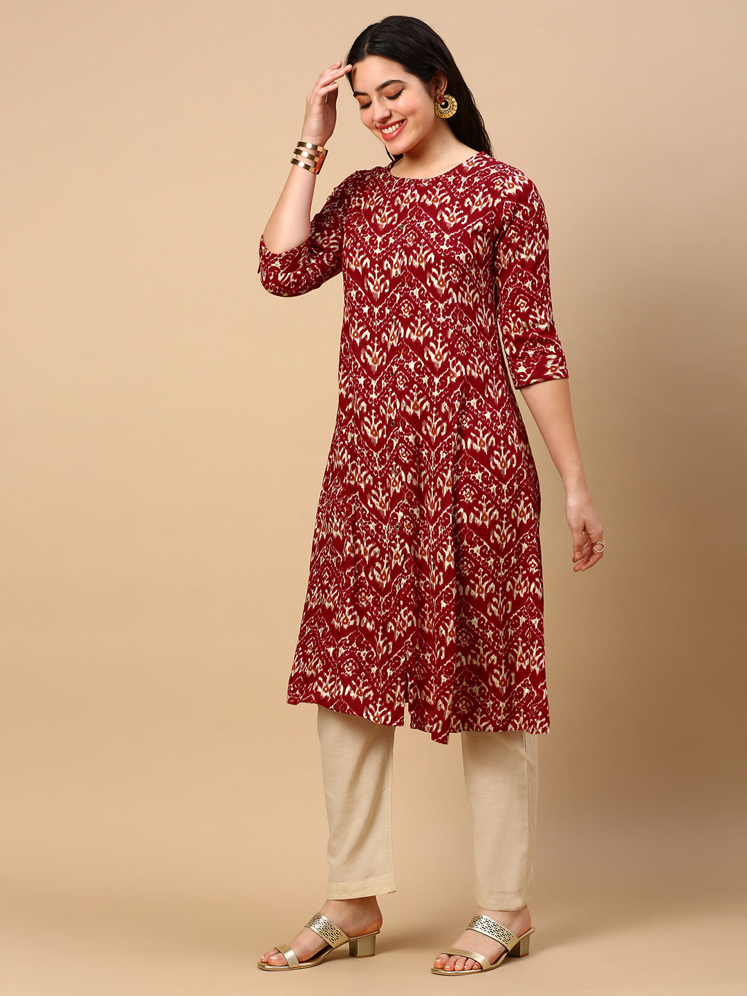 Women's Red Graphic A Line Kurta