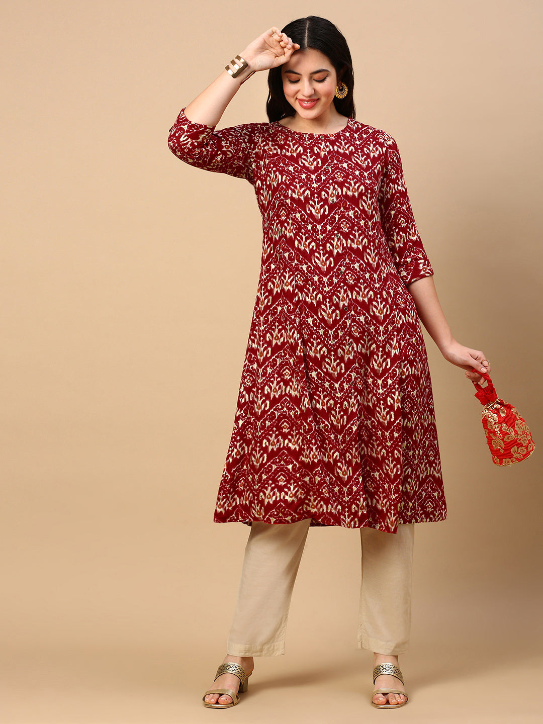 Women's Red Graphic A Line Kurta