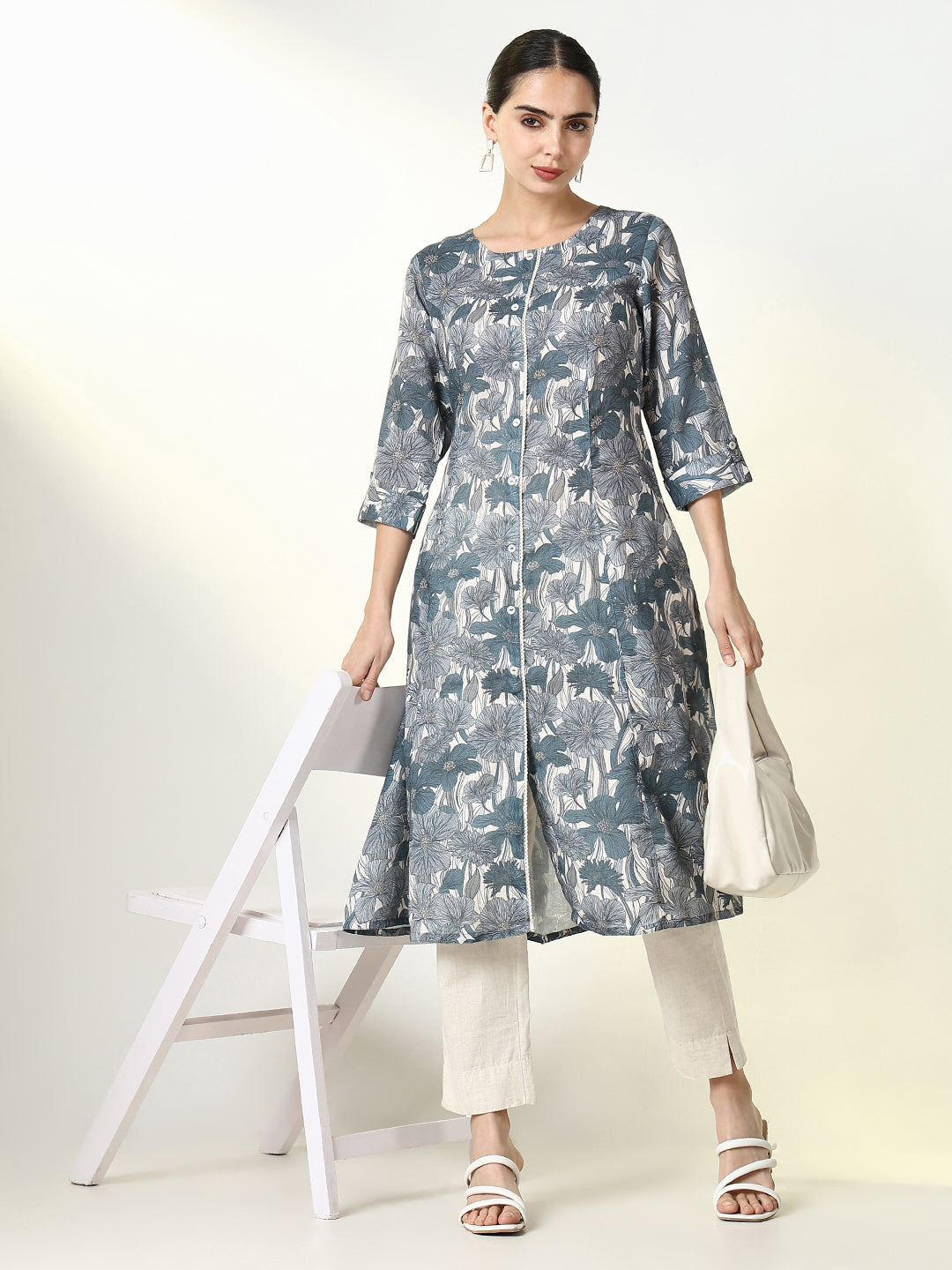 Women's Grey Floral A Line Kurta