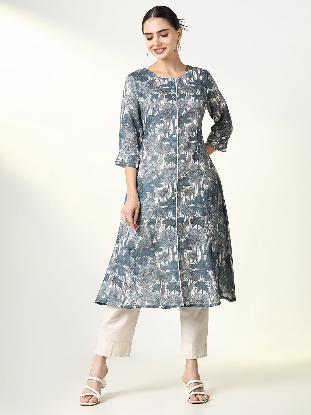 Women's Grey Floral A Line Kurta