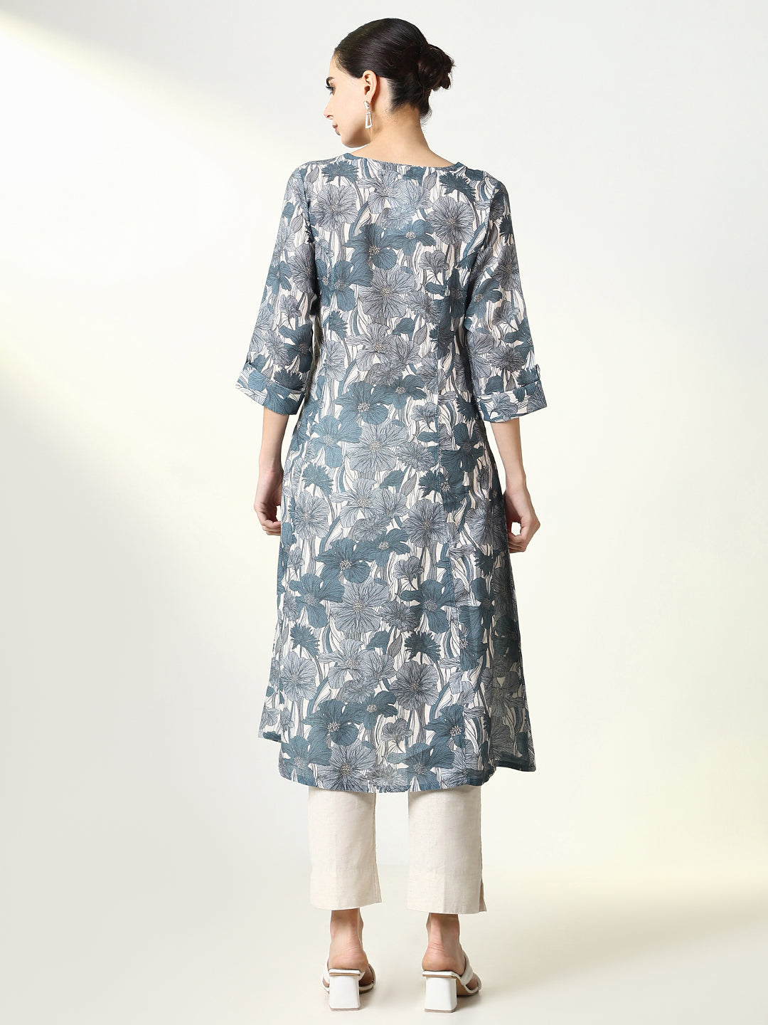 Women's Grey Floral A Line Kurta