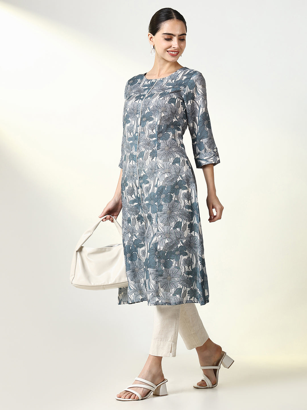 Women's Grey Floral A Line Kurta