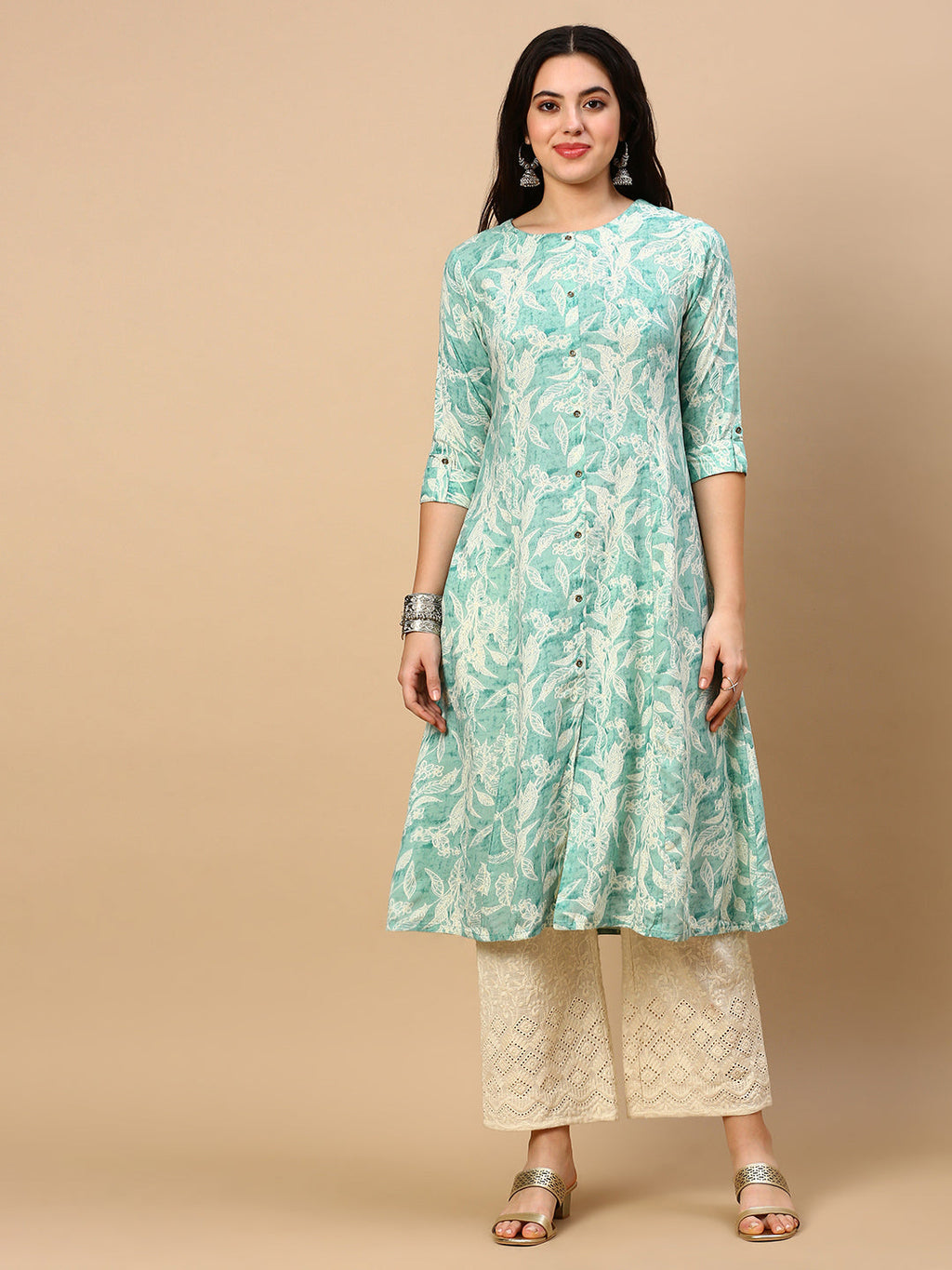Women's Green Floral A Line Kurta