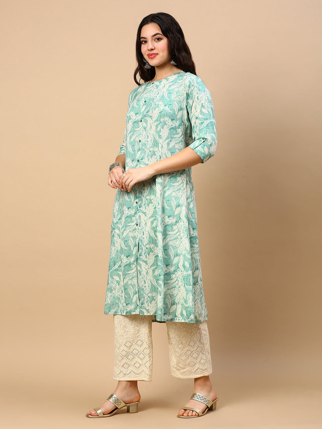 Women's Green Floral A Line Kurta