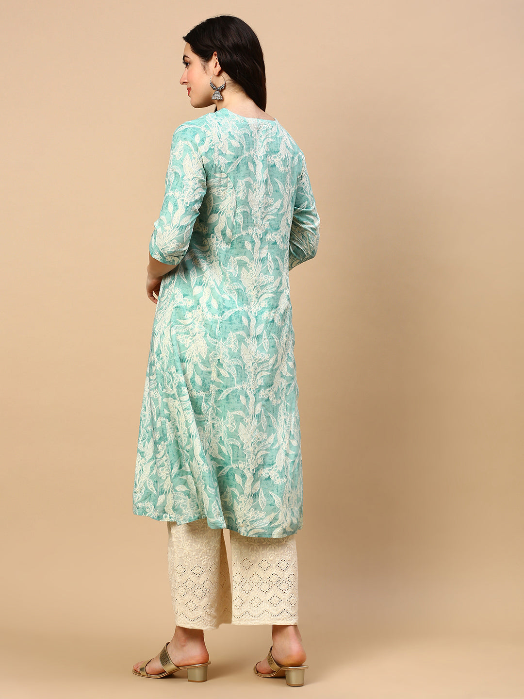 Women's Green Floral A Line Kurta
