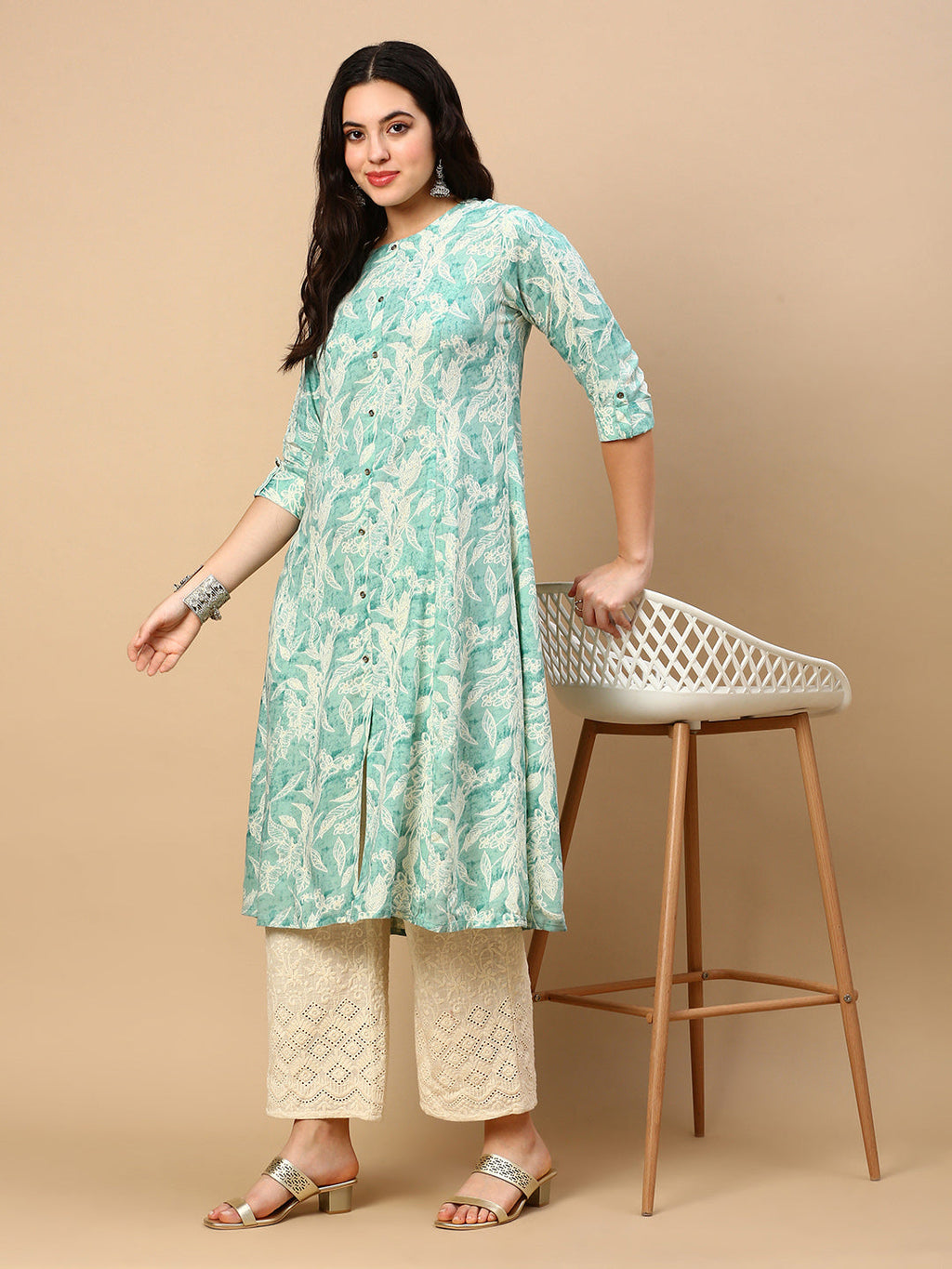 Women's Green Floral A Line Kurta