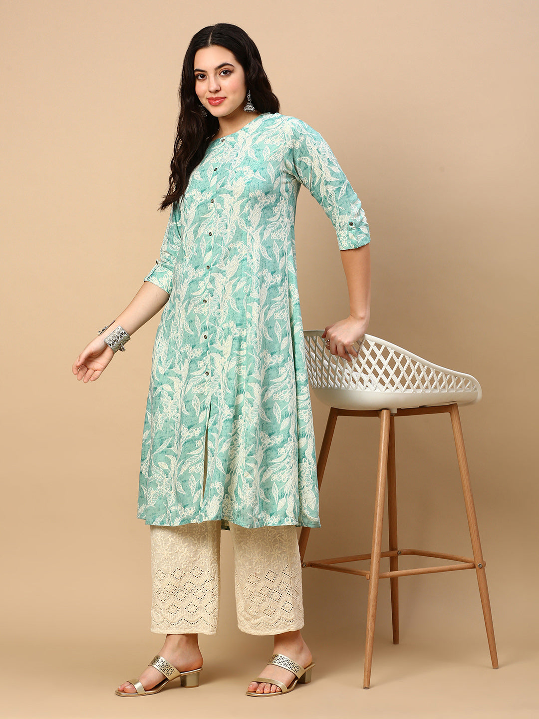 Women's Green Floral A Line Kurta