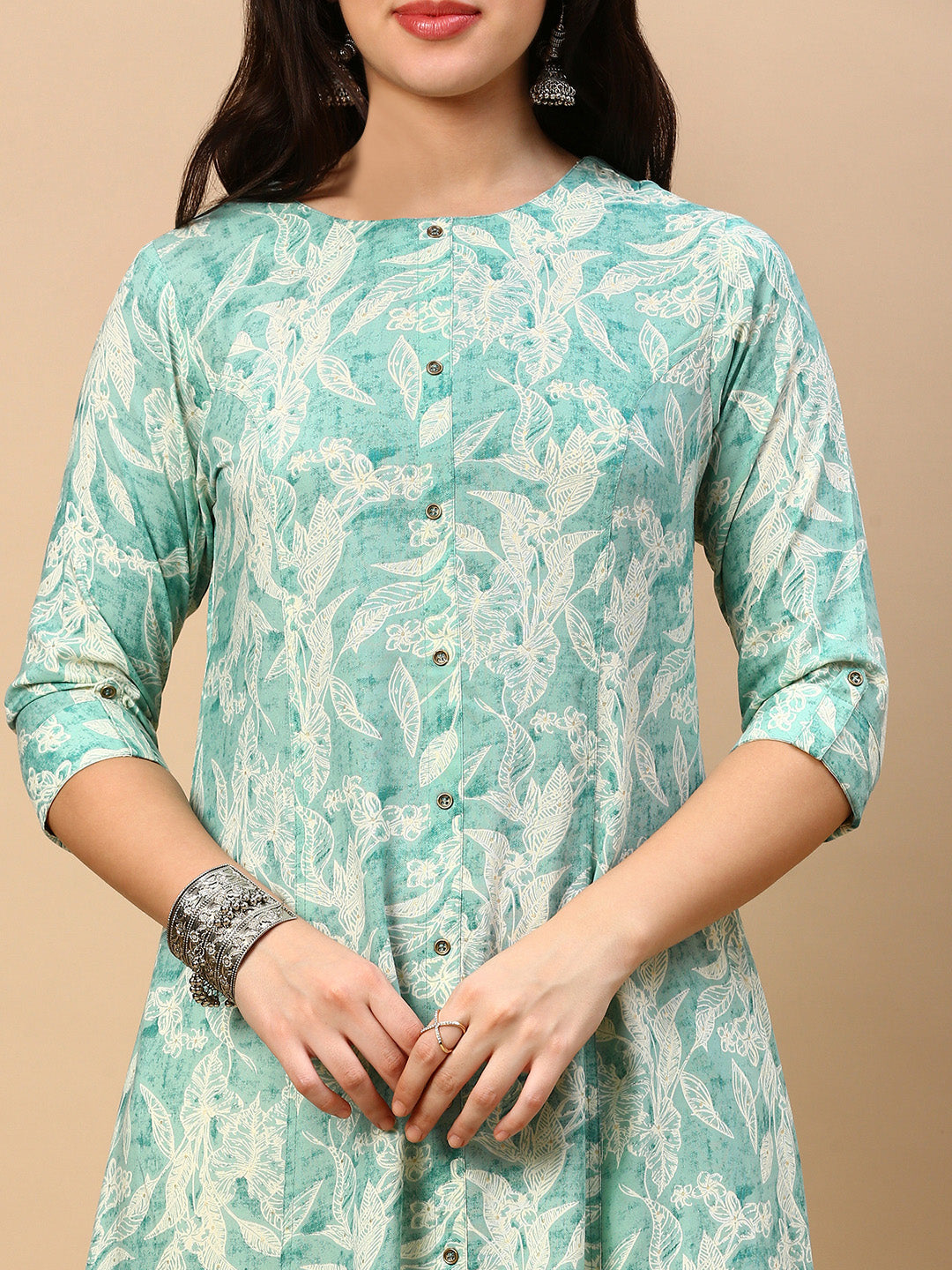 Women's Green Floral A Line Kurta