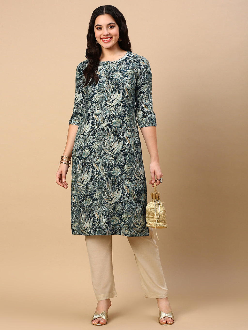 Women's Green Floral Straight Kurta