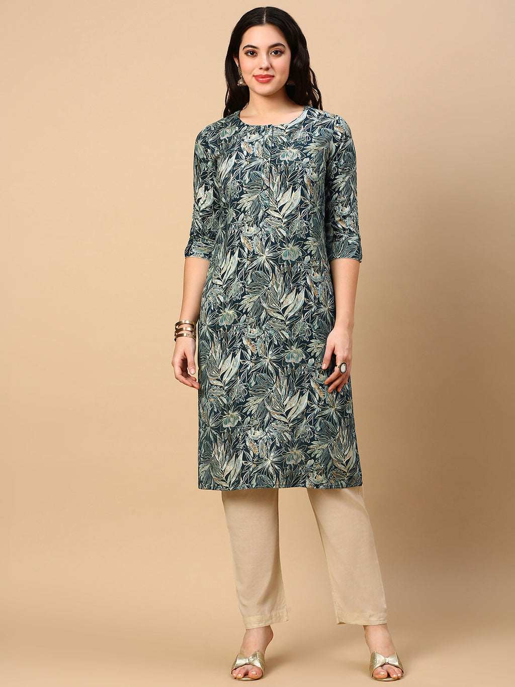 Women's Green Floral Straight Kurta
