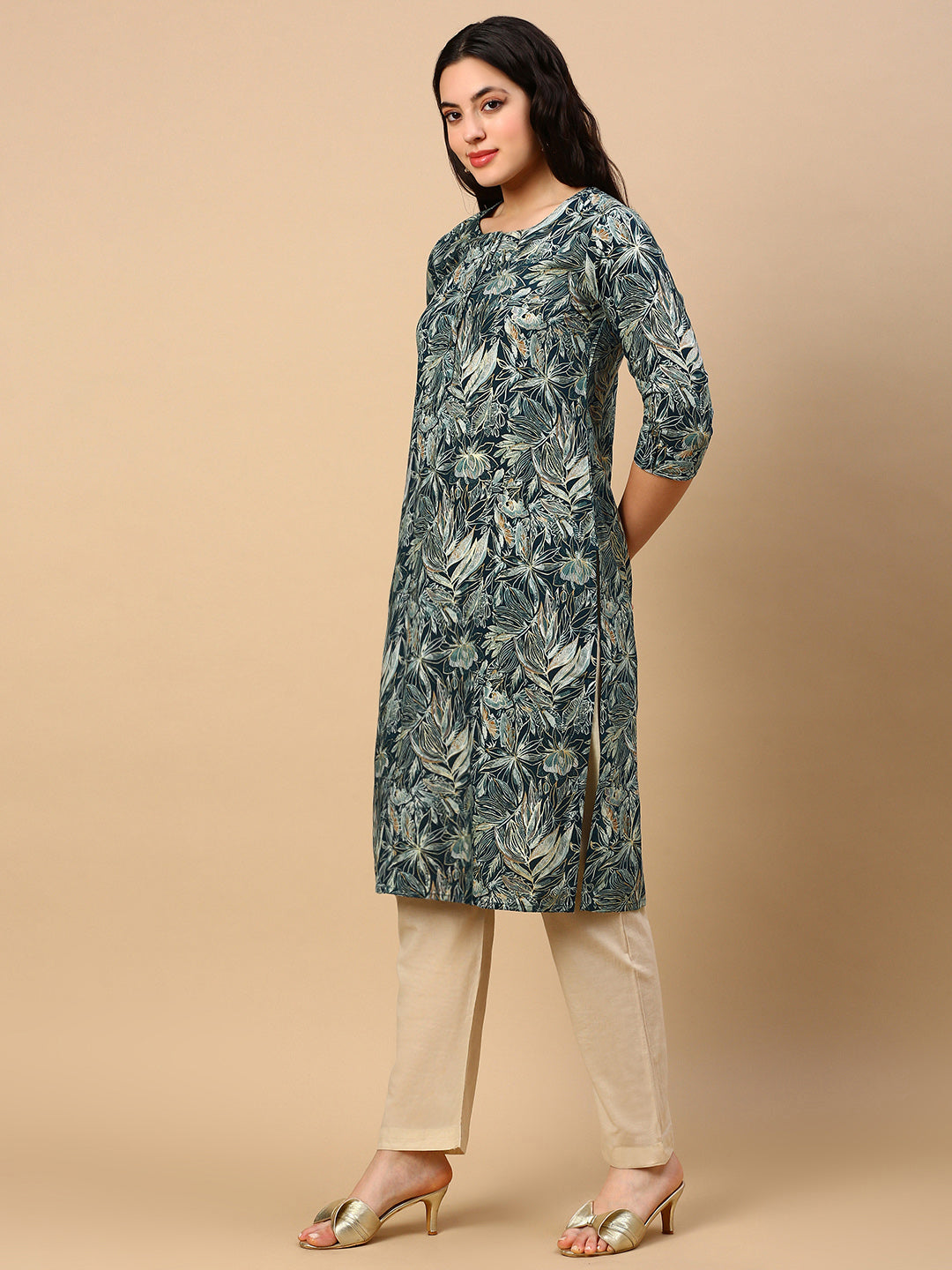 Women's Green Floral Straight Kurta