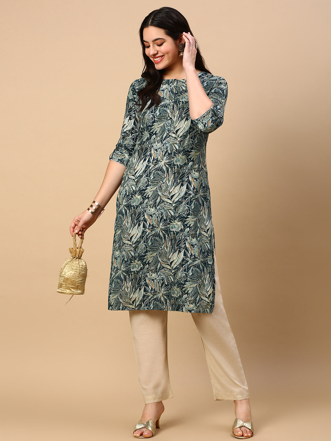 Women's Green Floral Straight Kurta