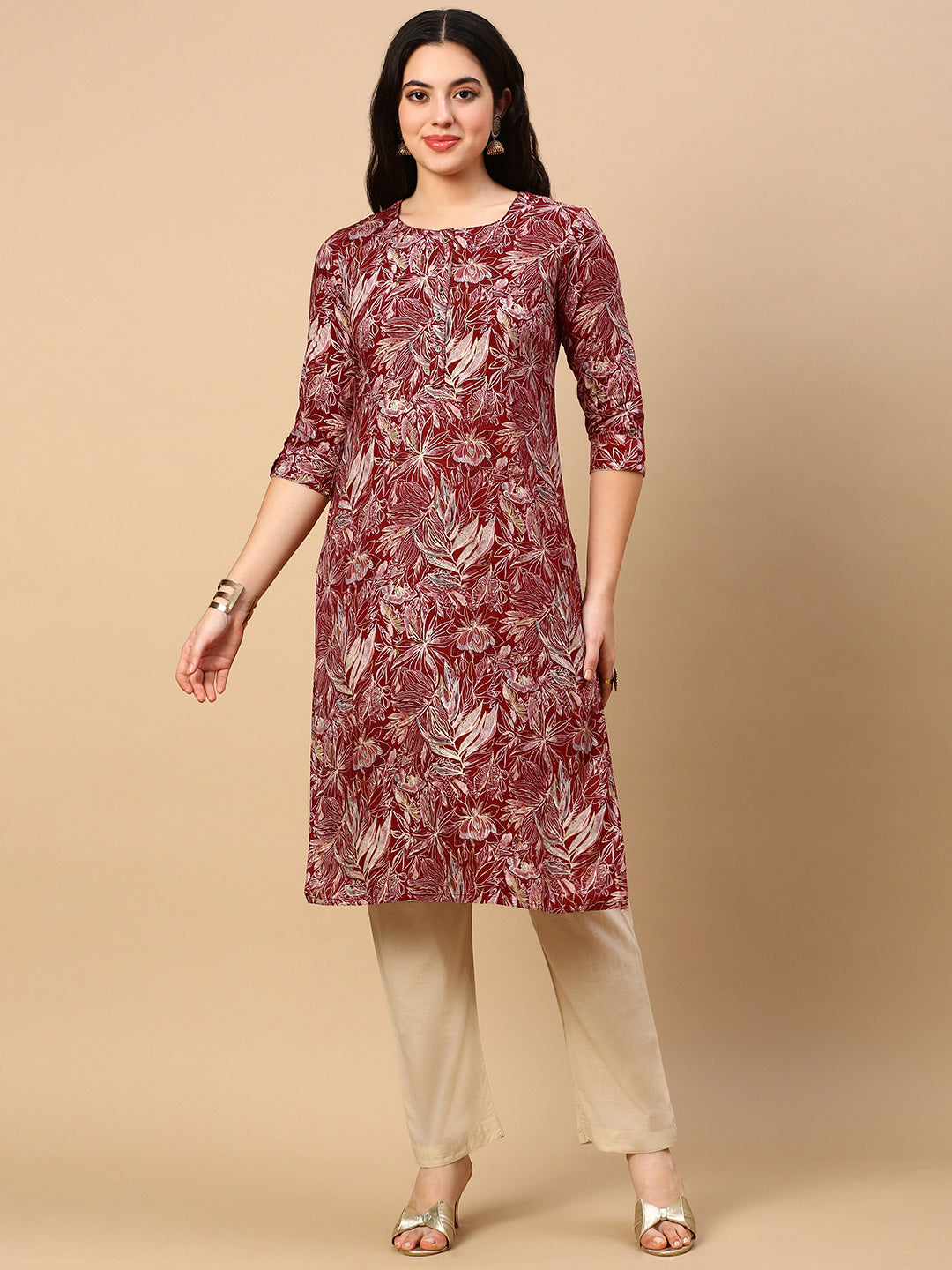 Women's Red Floral Straight Kurta