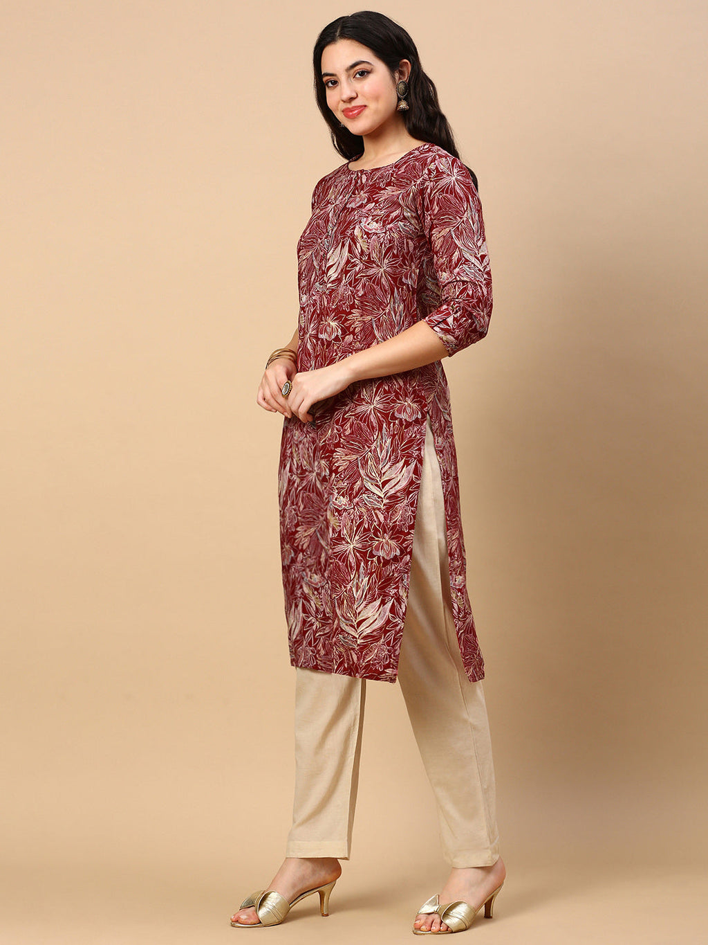 Women's Red Floral Straight Kurta