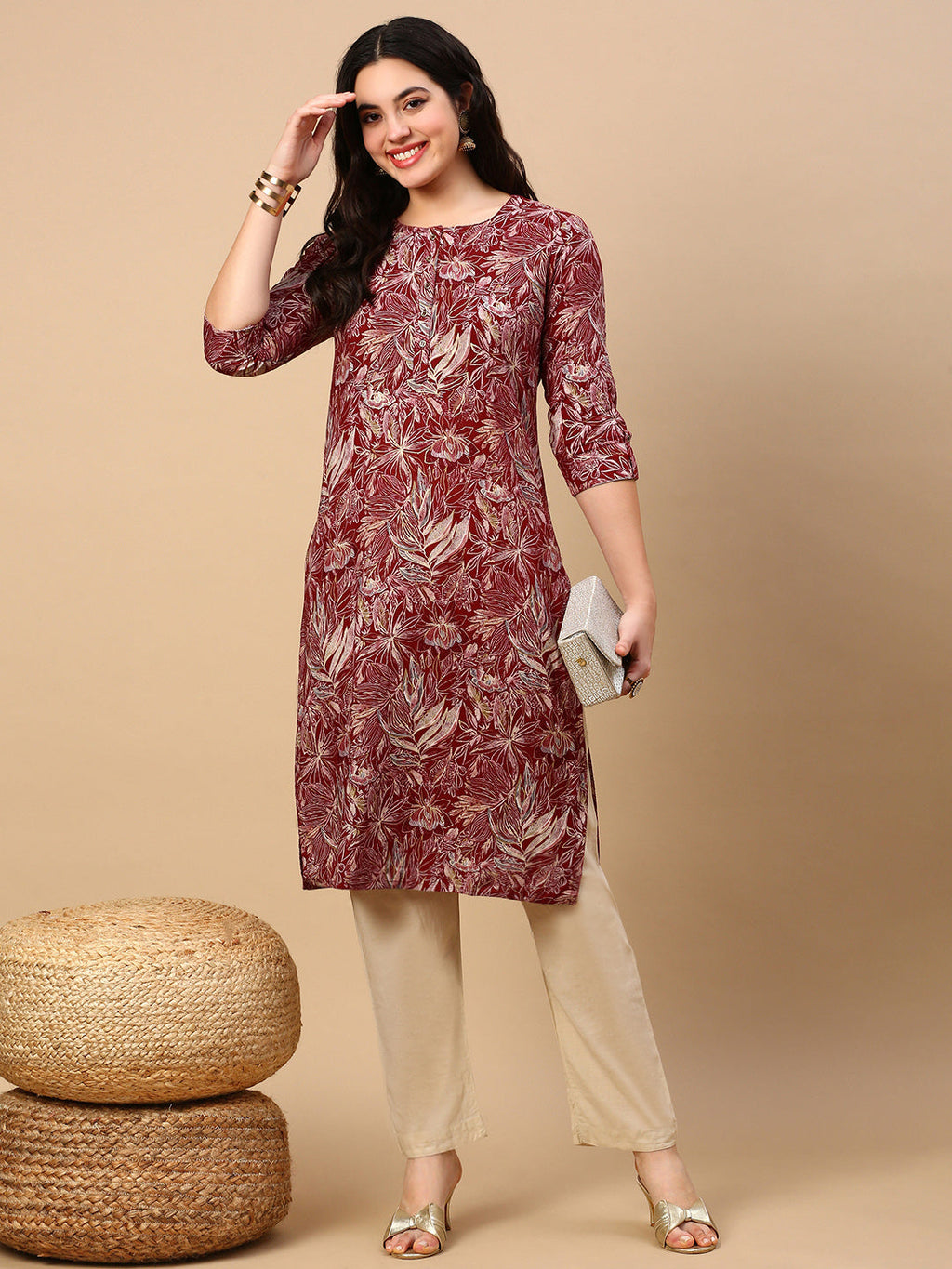 Women's Red Floral Straight Kurta