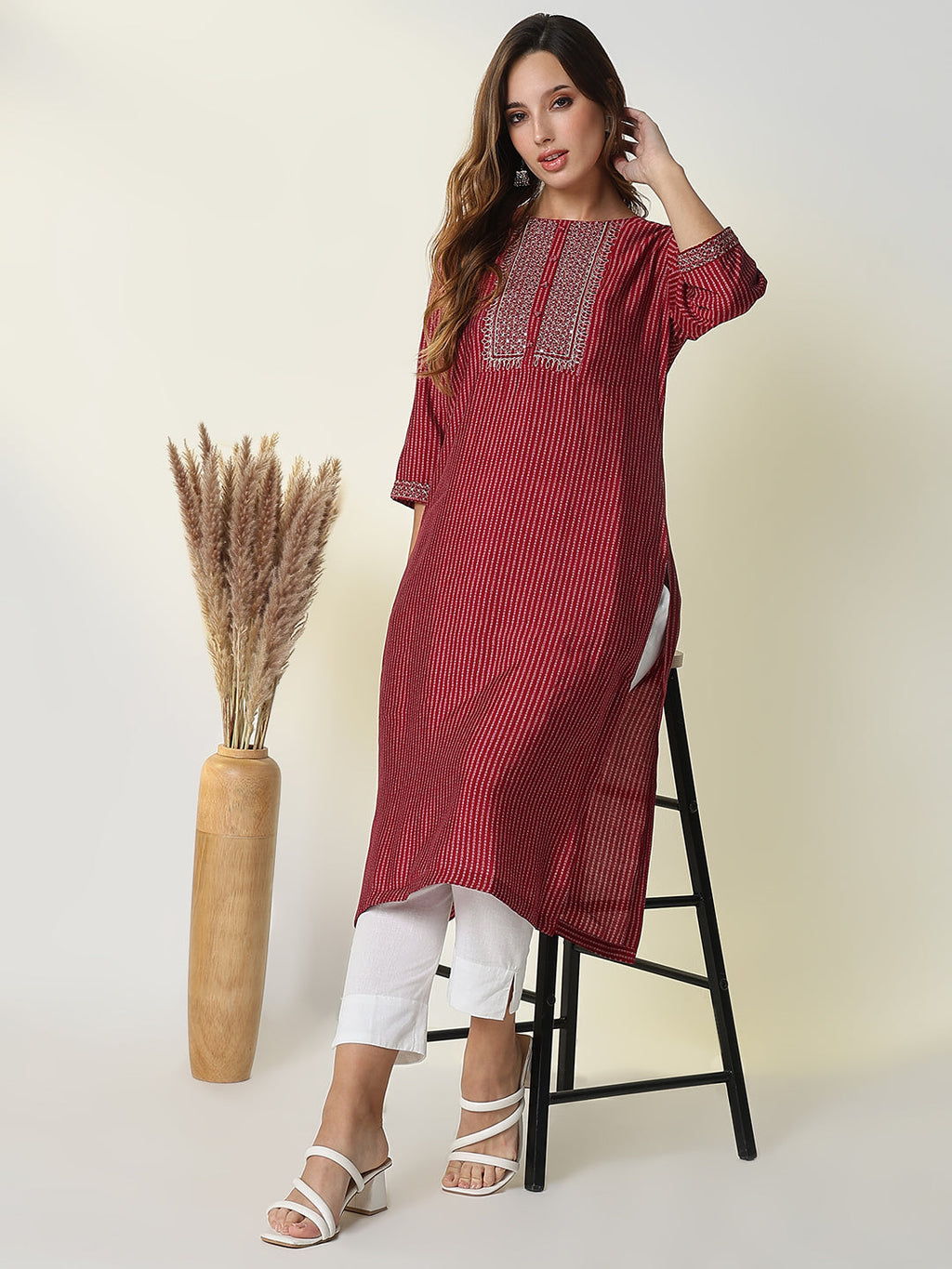 Women's Red Bandhani Straight Kurta