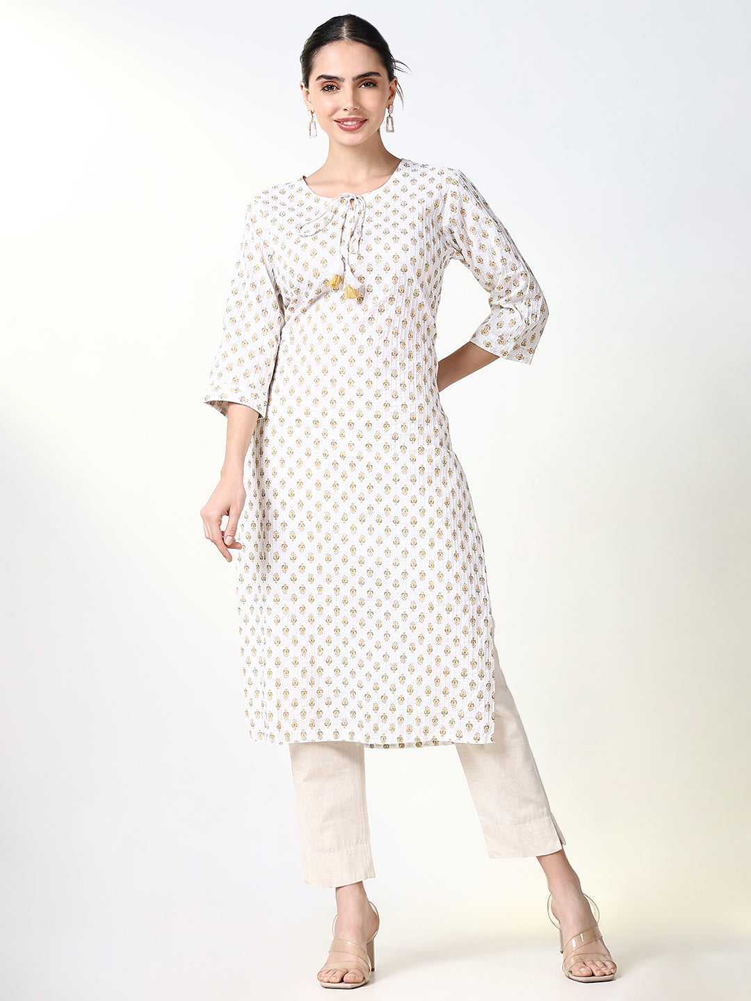 Women's White Floral Straight Kurta