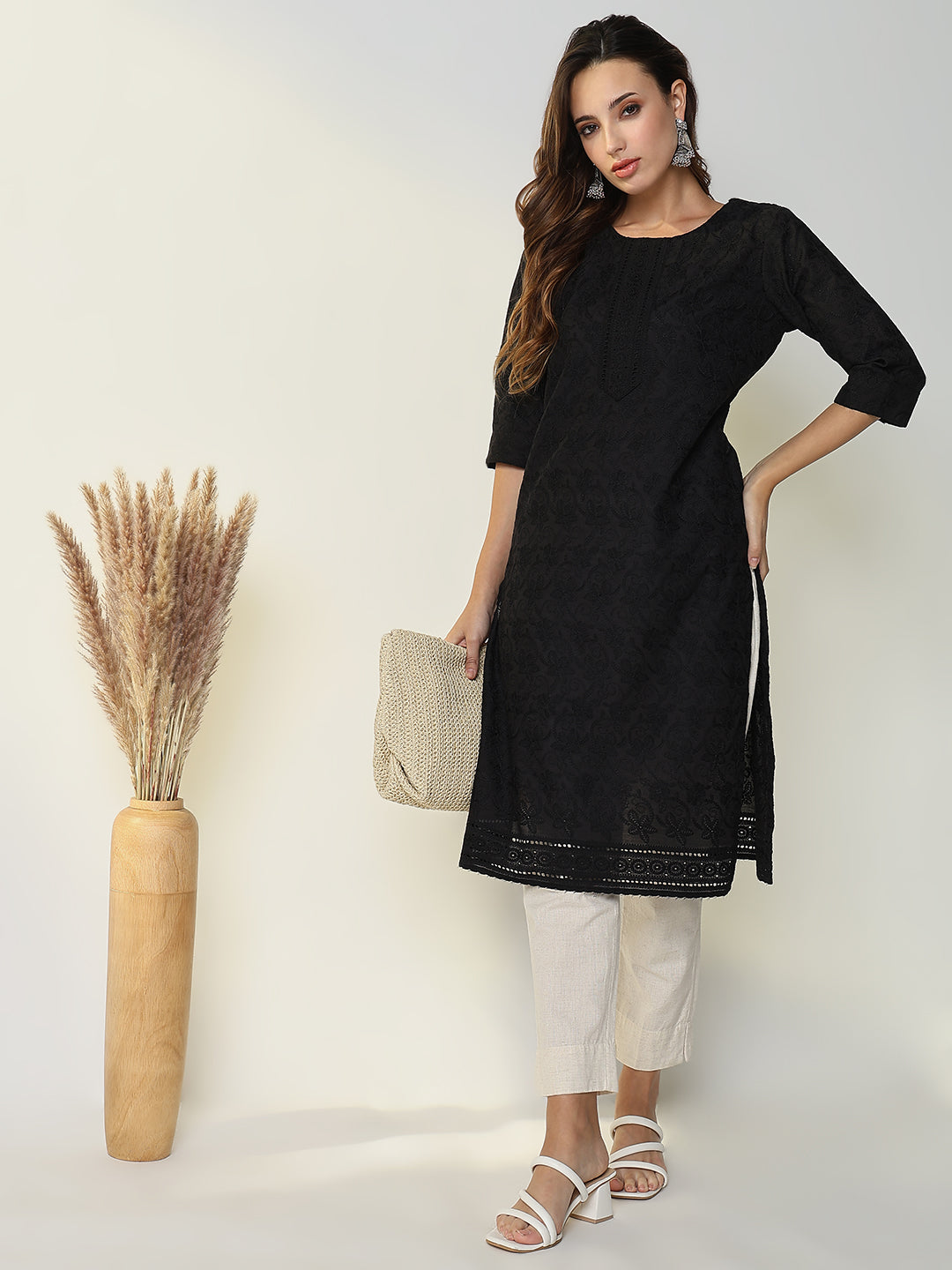 Women's Black Embroidered Straight Kurta