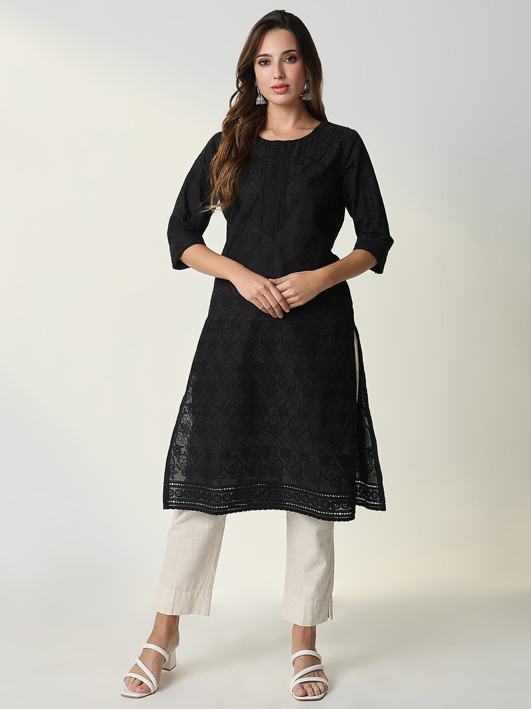Women's Black Embroidered Straight Kurta