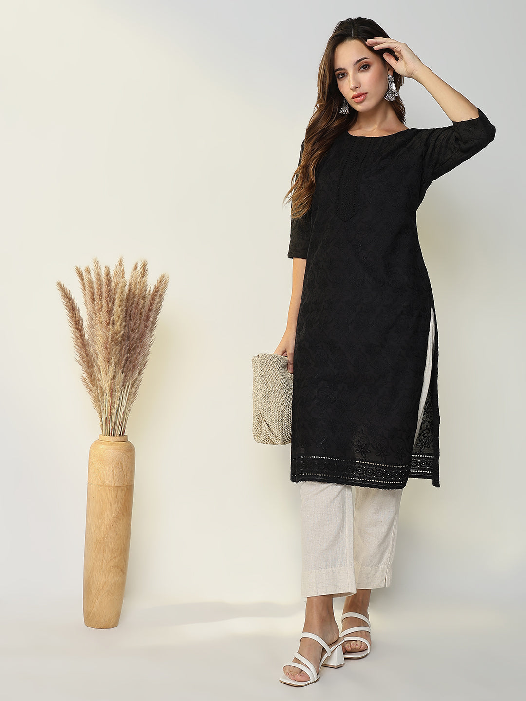 Women's Black Embroidered Straight Kurta