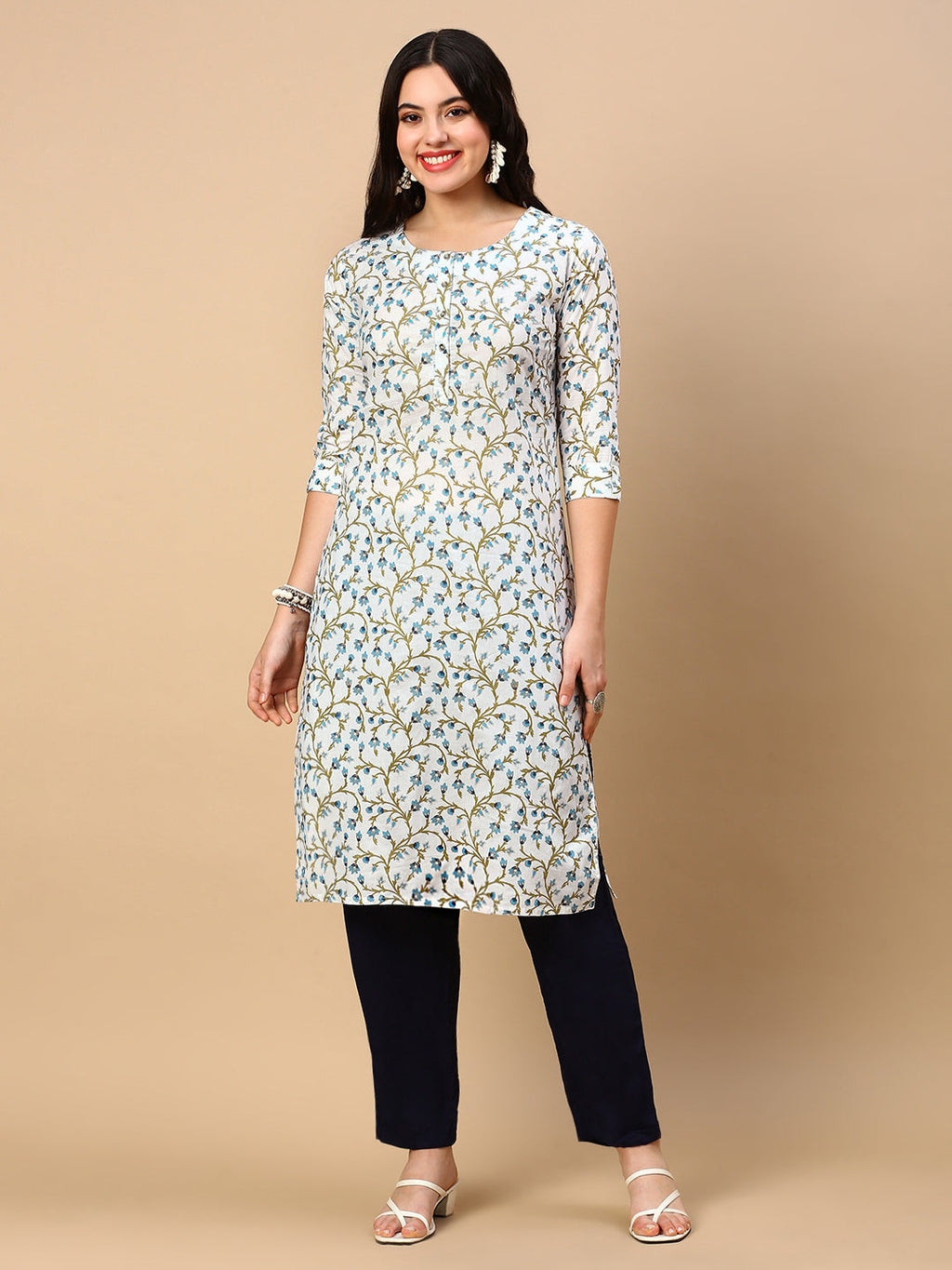 Women's White Floral Straight Kurta
