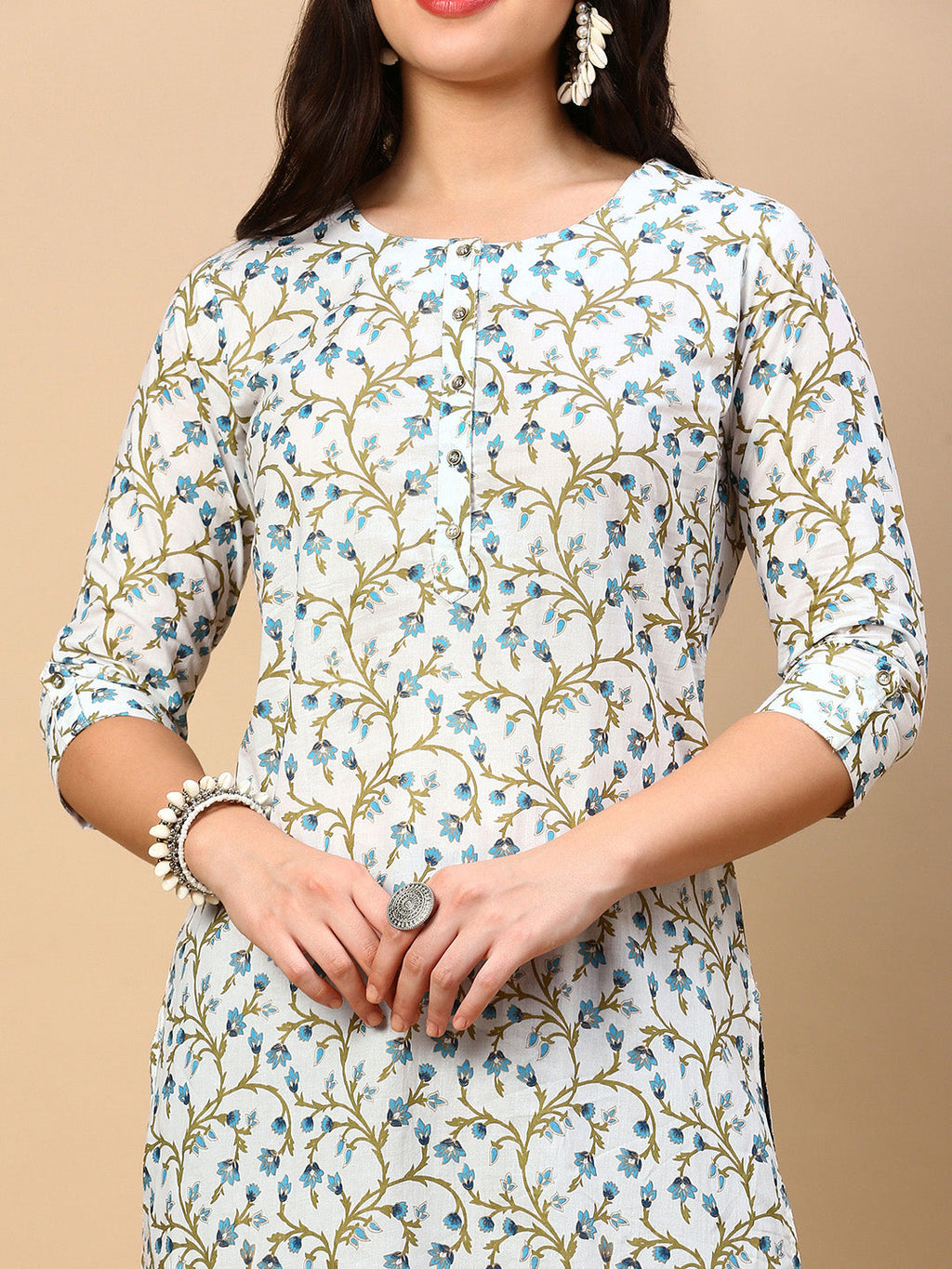 Women's White Floral Straight Kurta