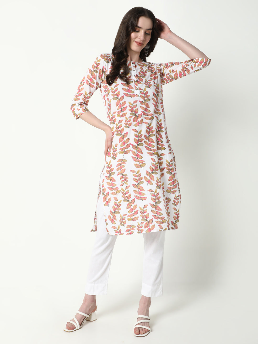 Women's Peach Floral Straight Kurta