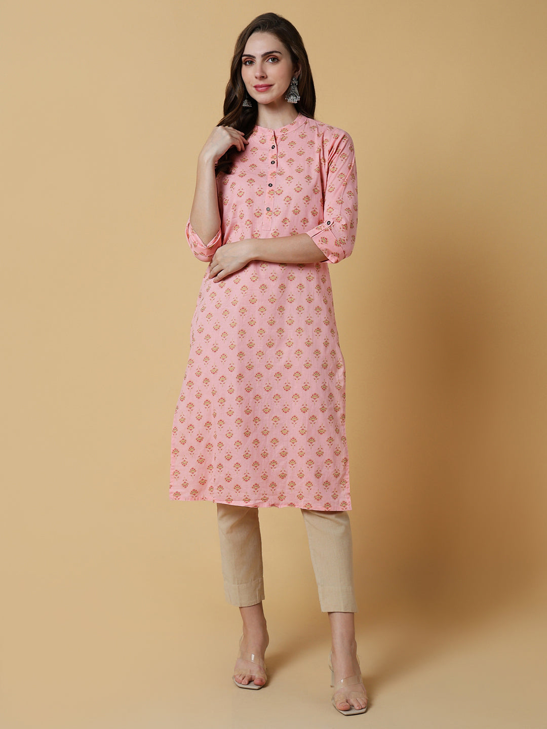 Women's Pink Floral Straight Kurta