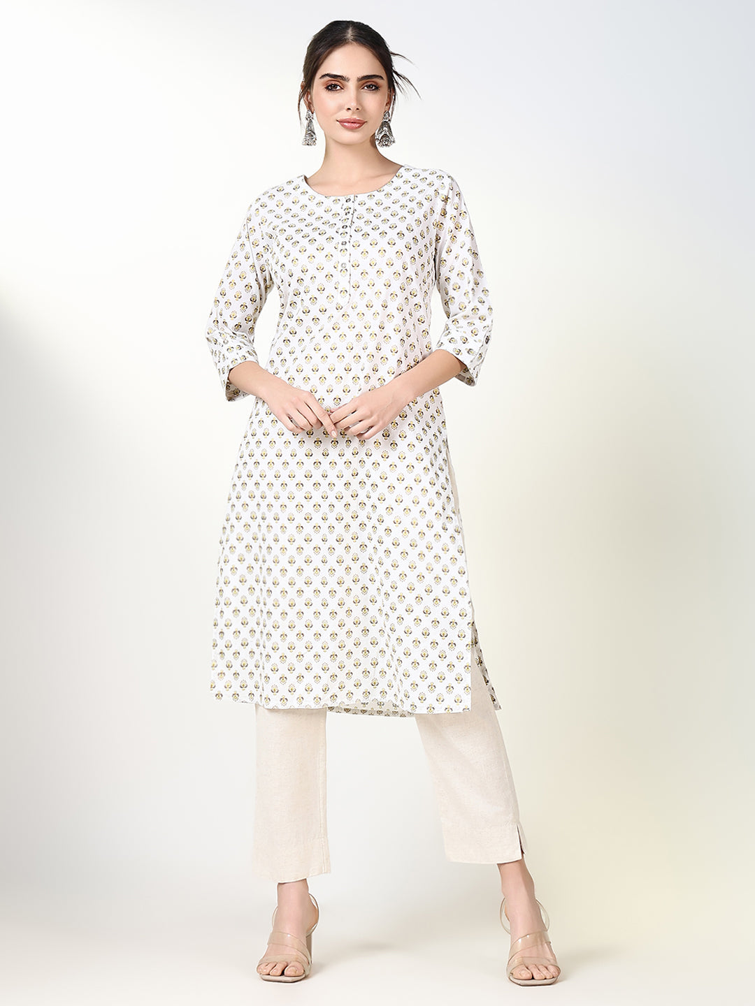 Women's White Floral Straight Kurta