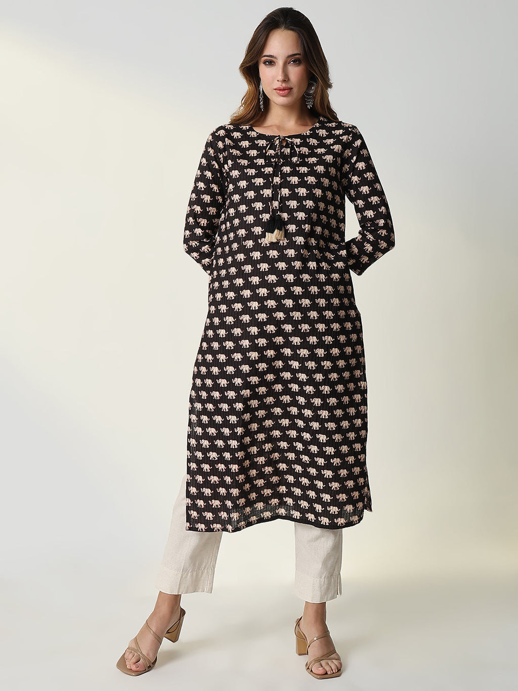 Women's Black Animal Print Straight Kurta