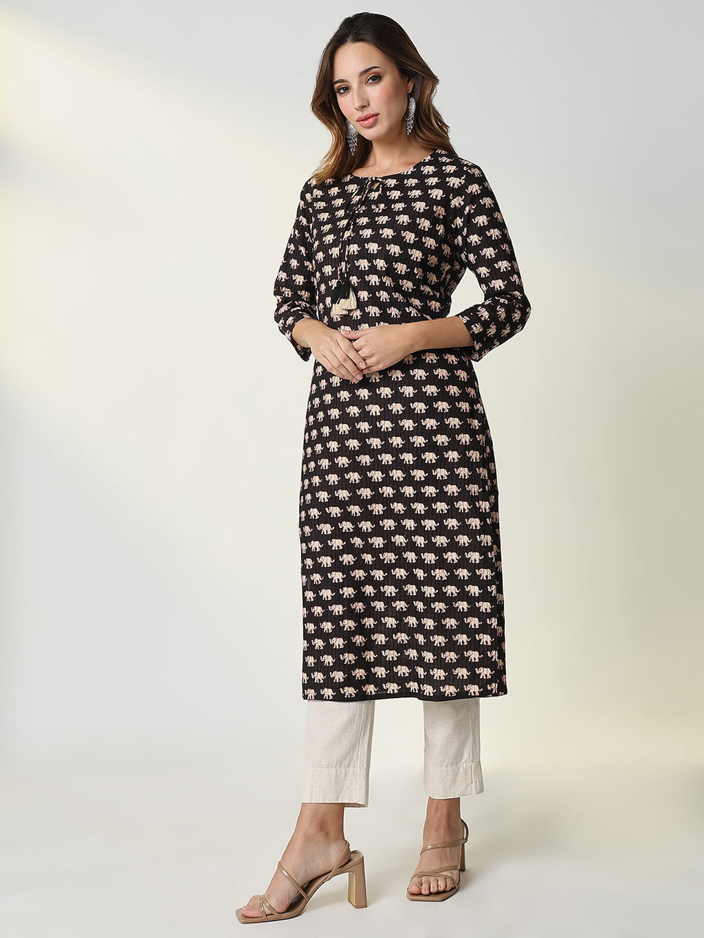 Women's Black Animal Print Straight Kurta