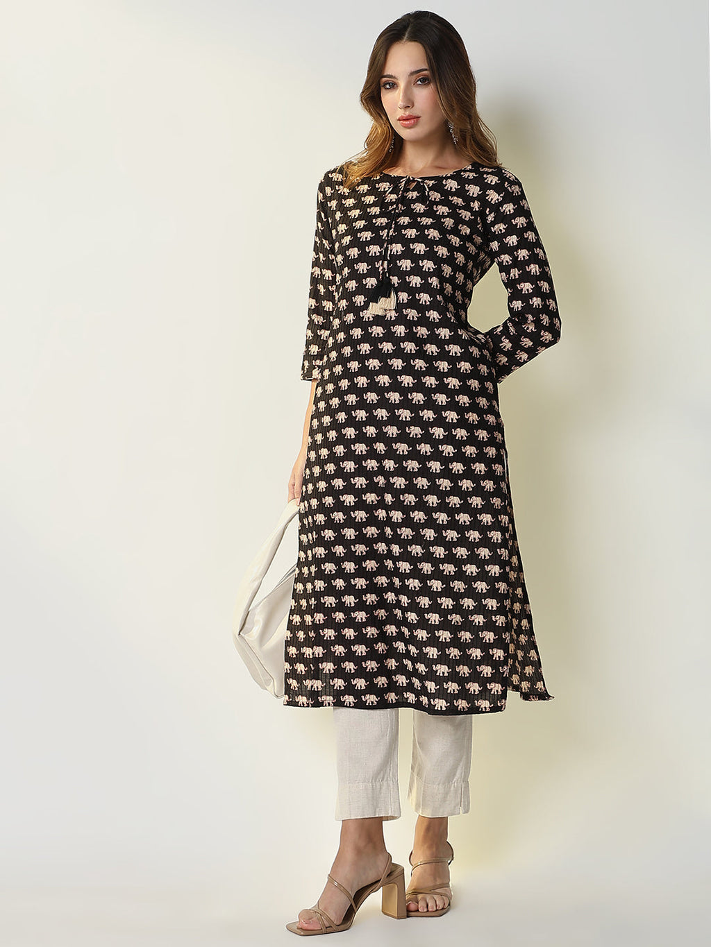 Women's Black Animal Print Straight Kurta