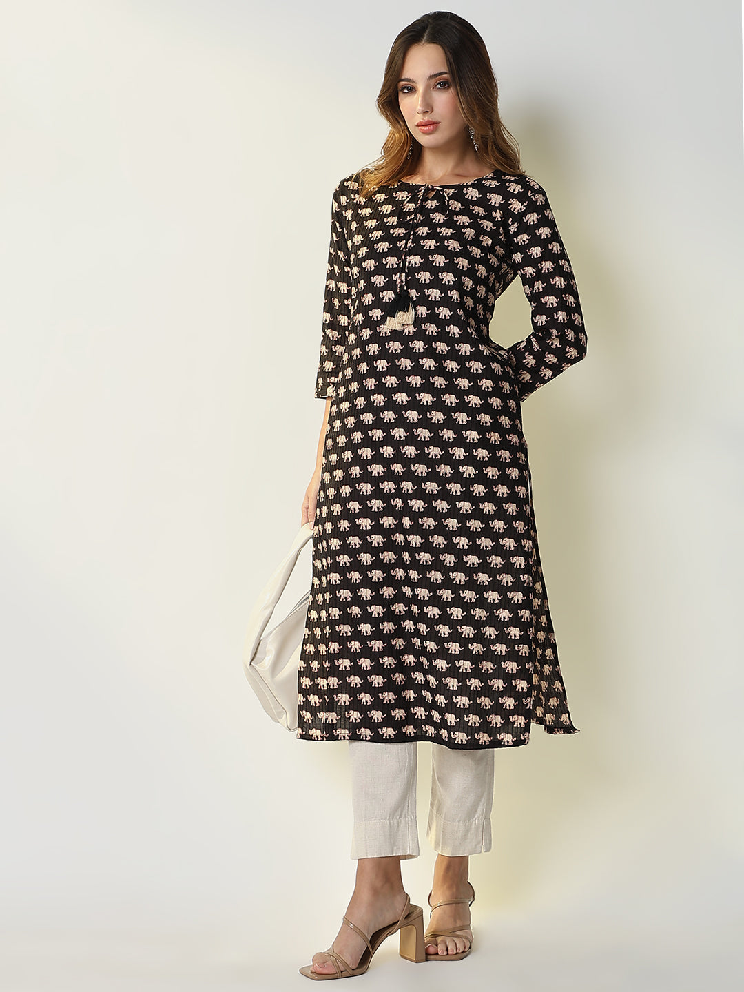 Women's Black Animal Print Straight Kurta