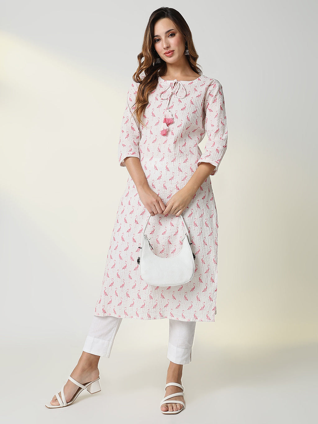 Women's White Animal Print Straight Kurta