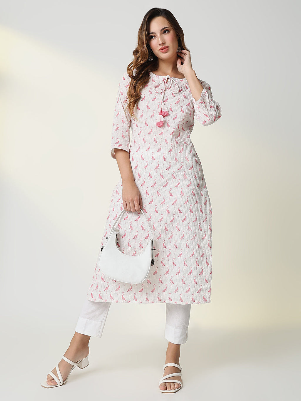 Women's White Animal Print Straight Kurta