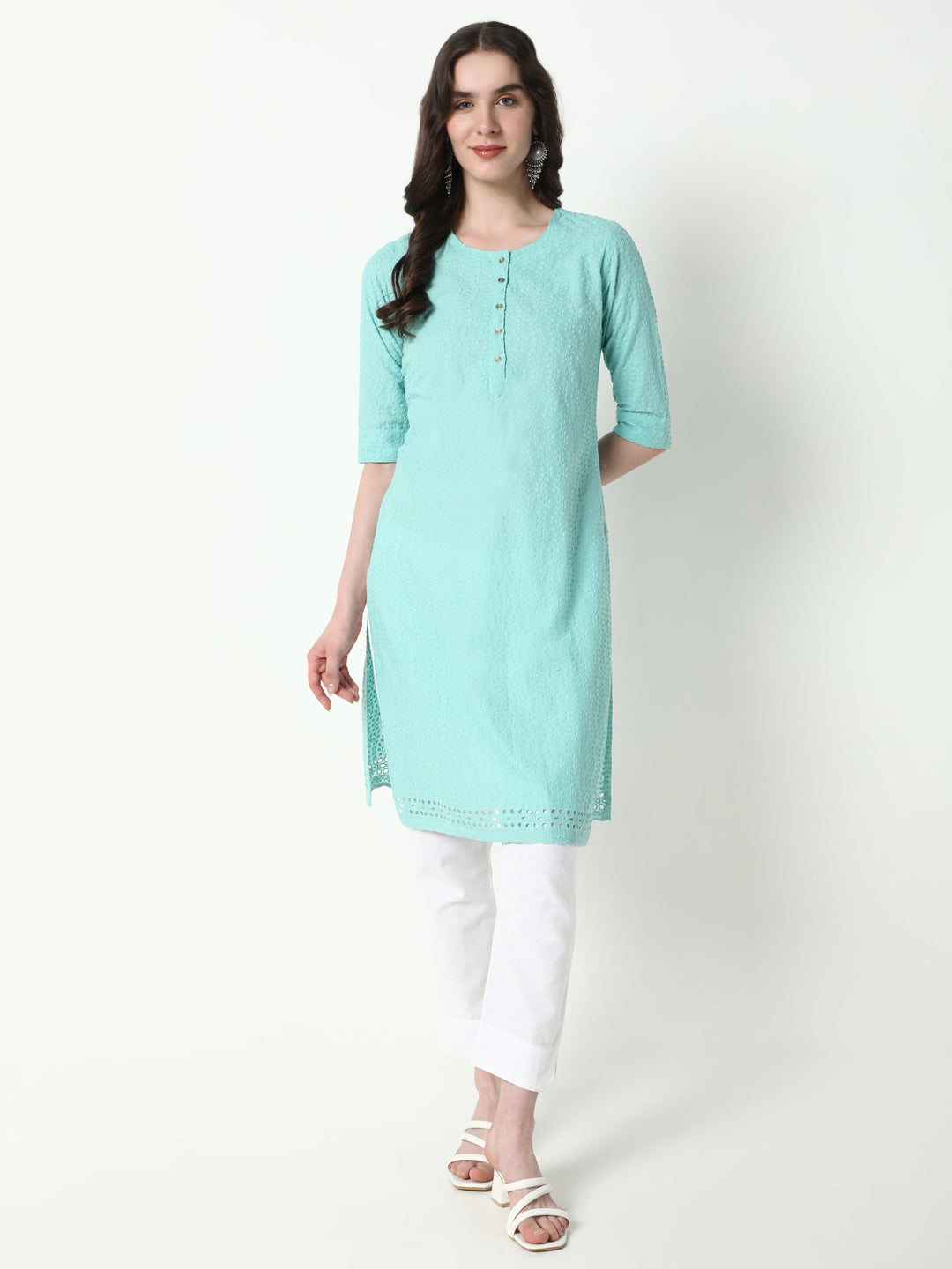 Women's Green Embroidered Straight Kurta