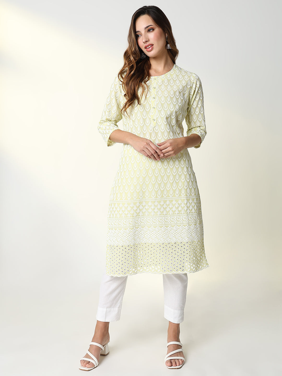 Women's Yellow Embroidered Straight Kurta