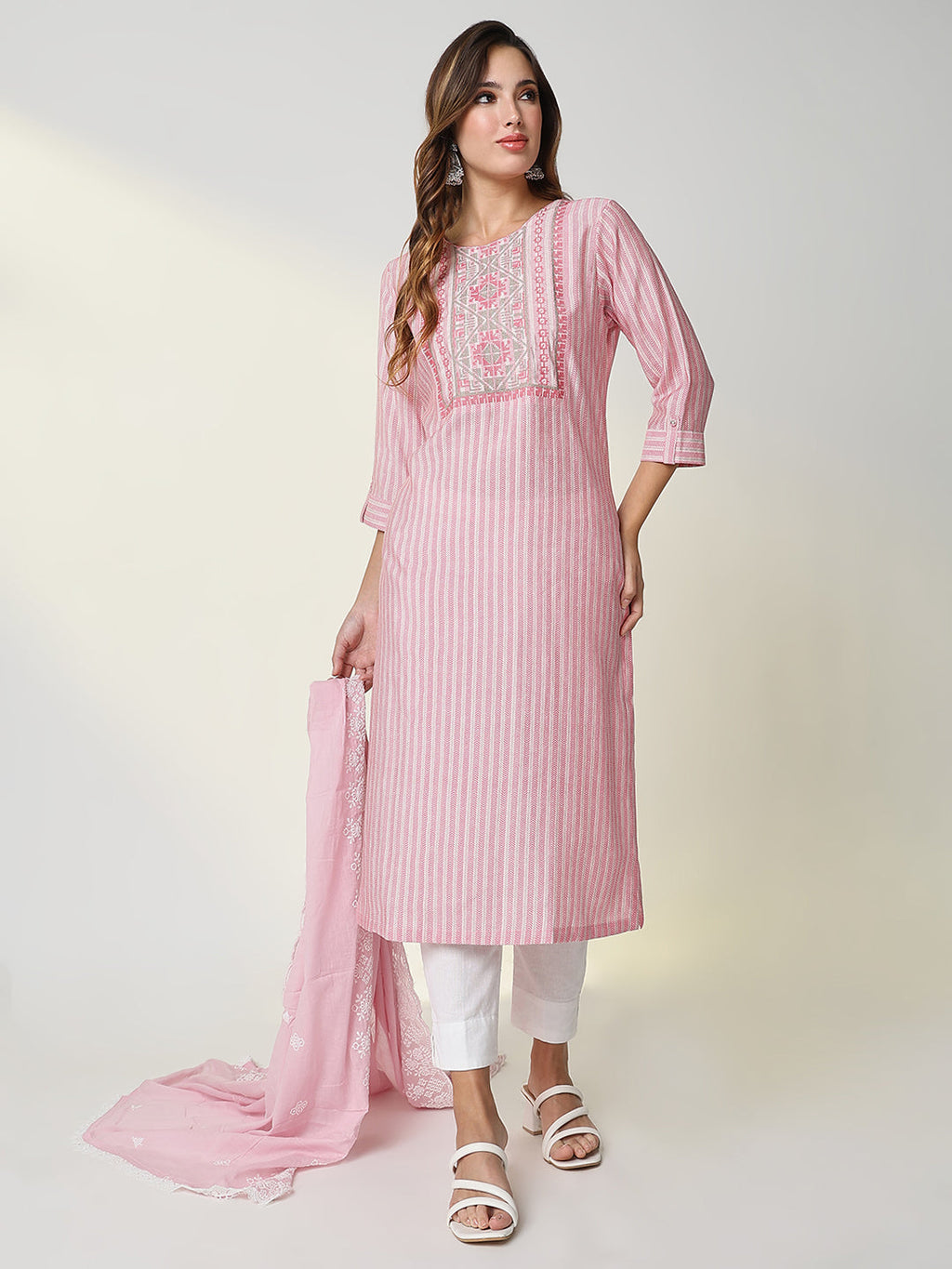 Women's Pink Chevron Straight Kurta