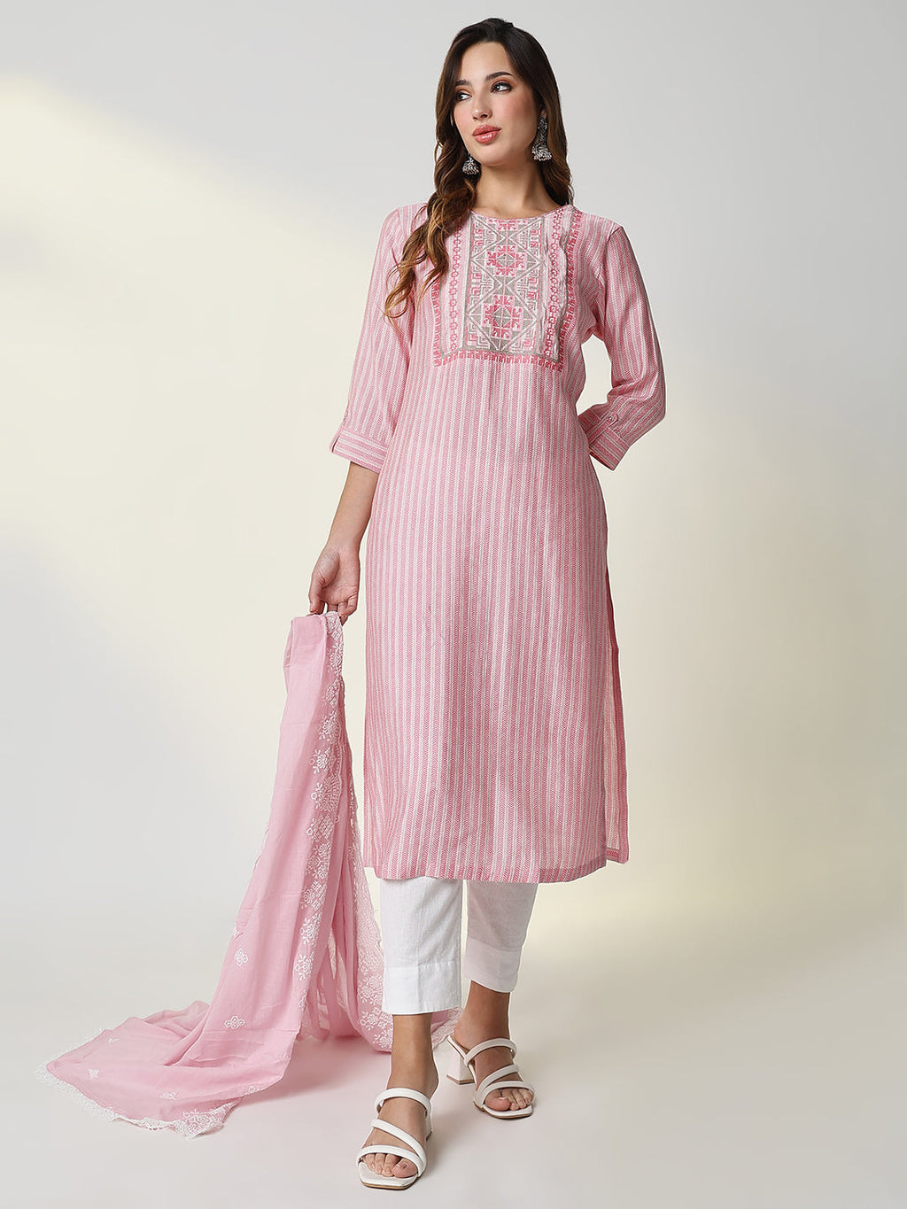 Women's Pink Chevron Straight Kurta