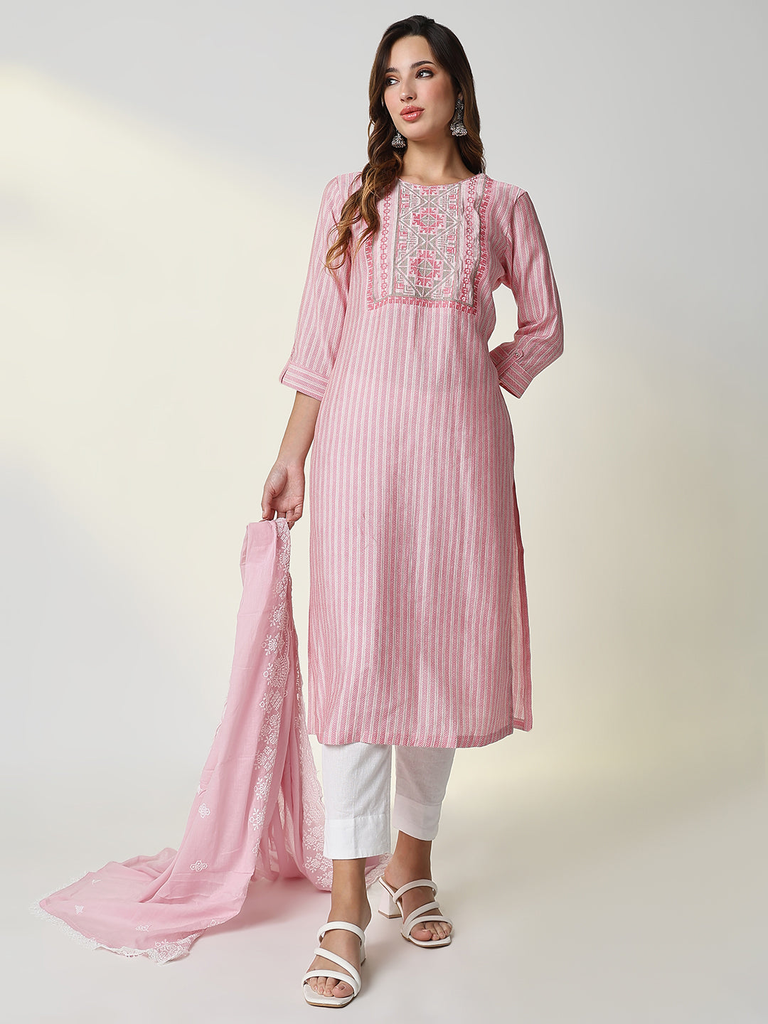 Women's Pink Chevron Straight Kurta