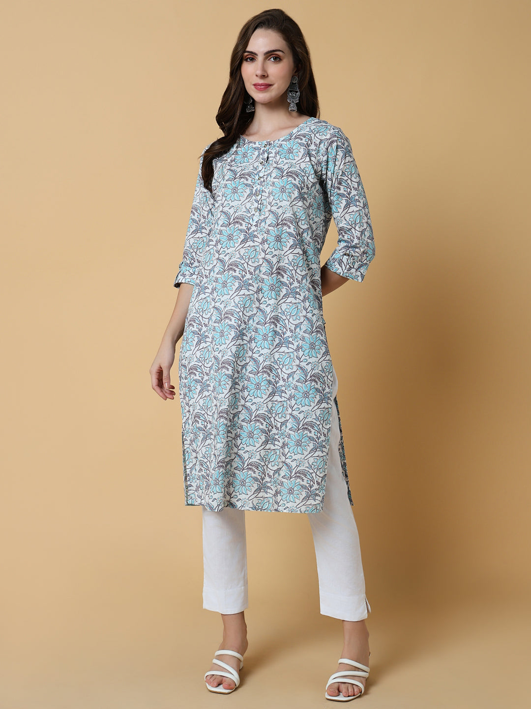 Women's Blue Floral Straight Kurta