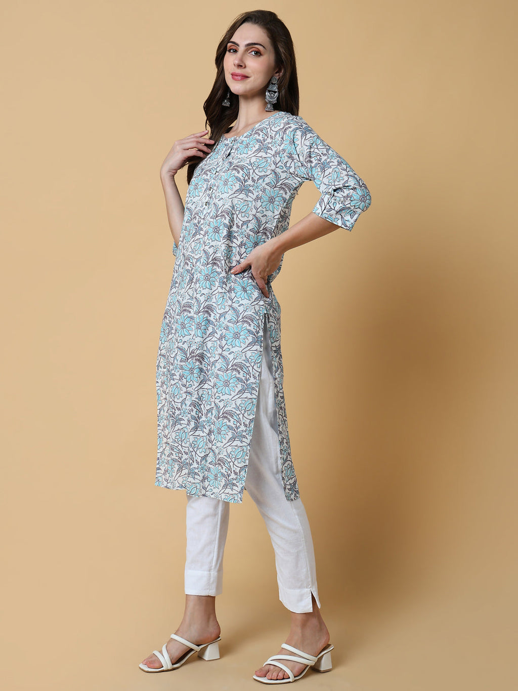 Women's Blue Floral Straight Kurta