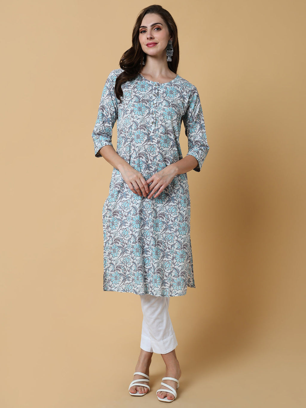 Women's Blue Floral Straight Kurta
