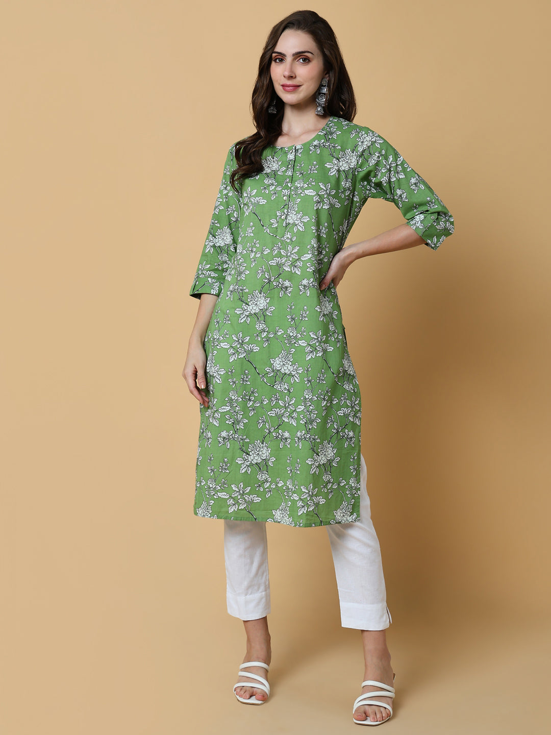 Women's Green Floral Straight Kurta