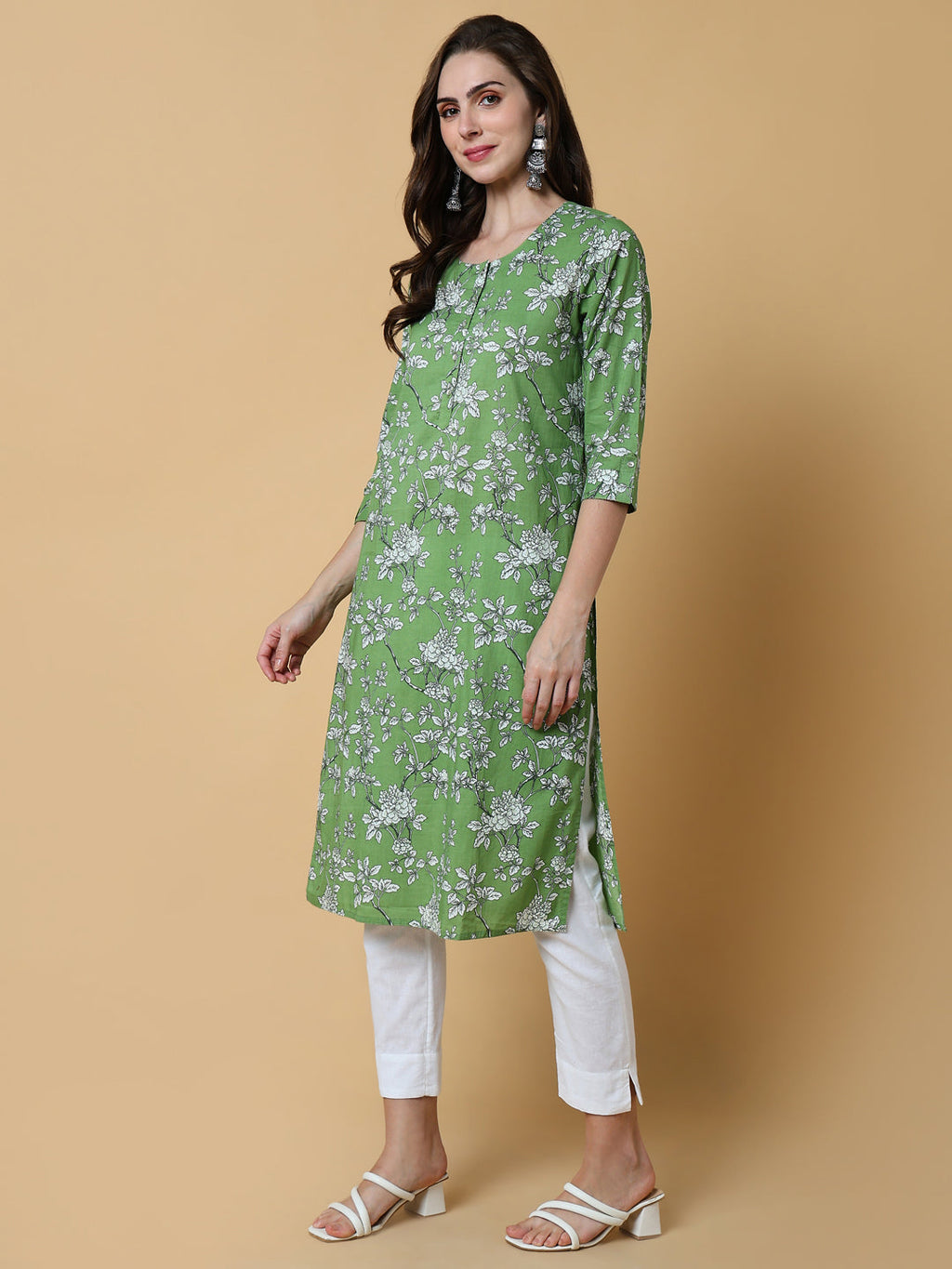 Women's Green Floral Straight Kurta