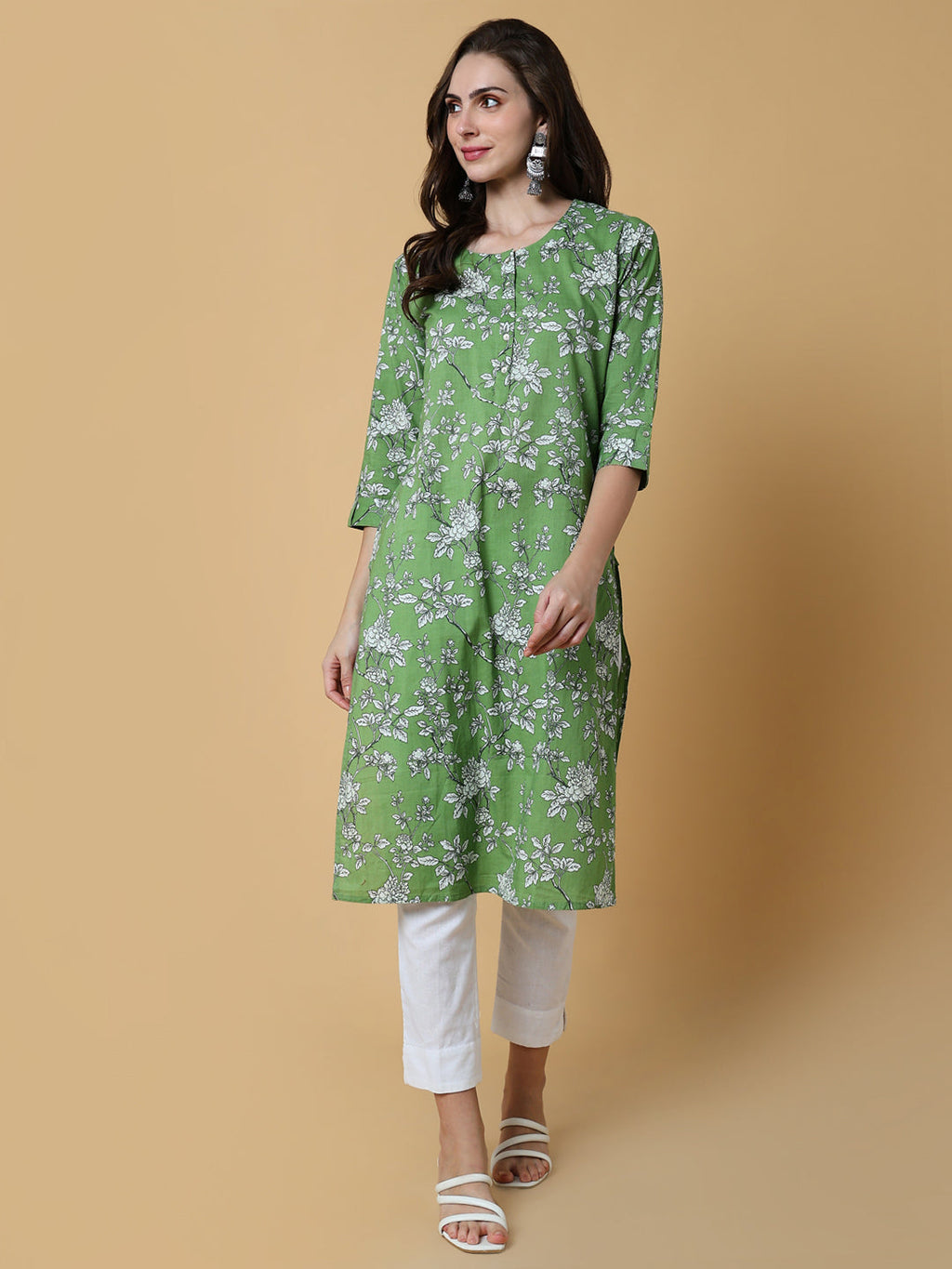 Women's Green Floral Straight Kurta