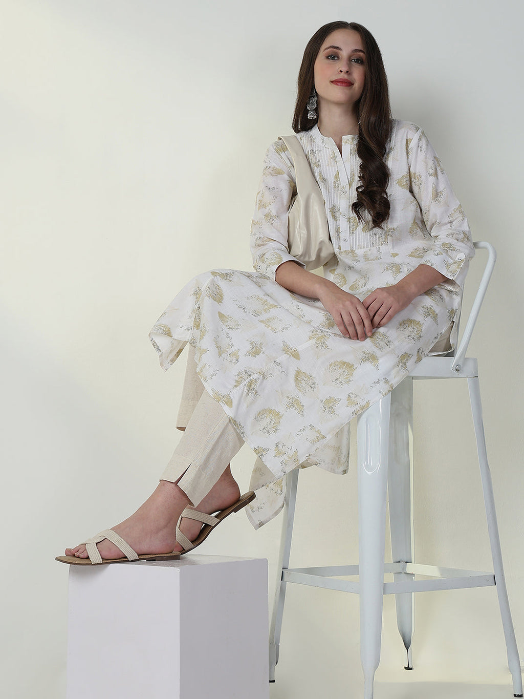 Women's White Abstract A Line Kurta