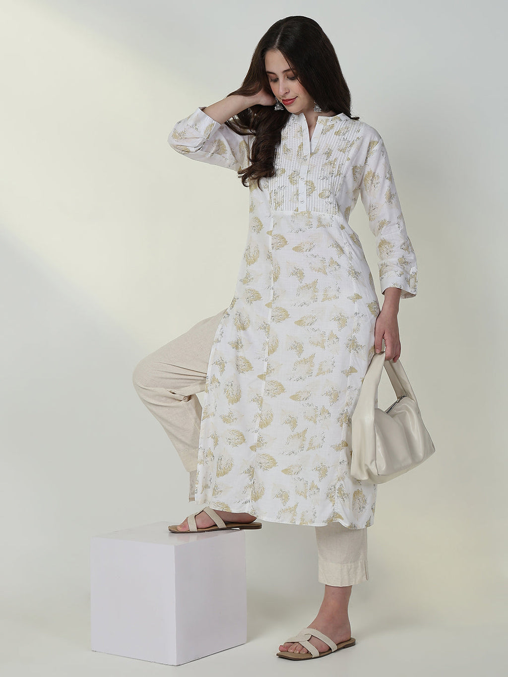 Women's White Abstract A Line Kurta