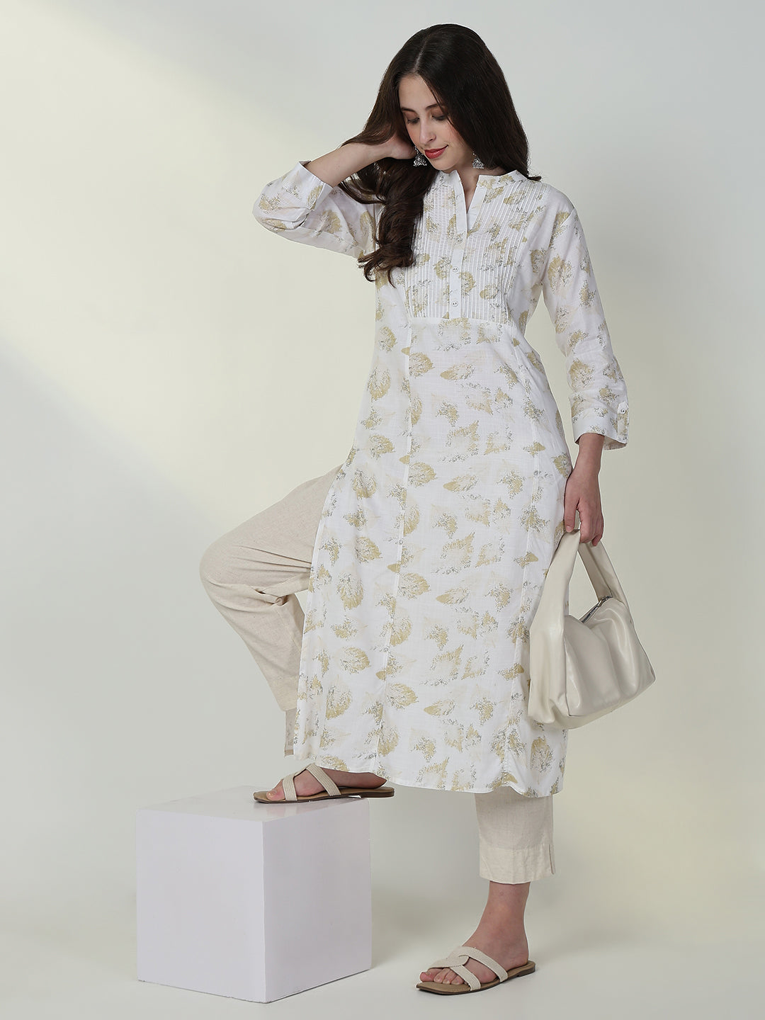Women's White Abstract A Line Kurta